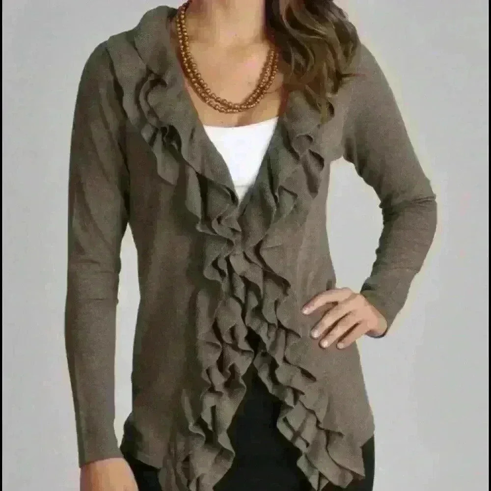 Grace Elements Taupe Brown Cascade Ruffle Front Cardigan Sweater Size Small